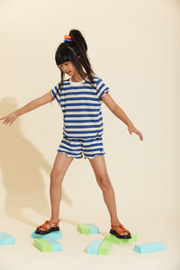 Blue & Ivory Striped Terry Top with Ruffled Edges